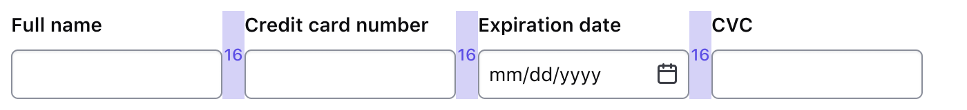 Three equal width fields for credit card information arranged in a single row